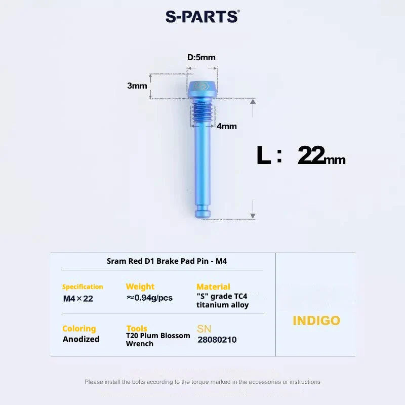 S-PARTS MAGENE QED Titanium Disc Brake Bolt Kit Brake Pad Retaining Pin (1pc) Indigo