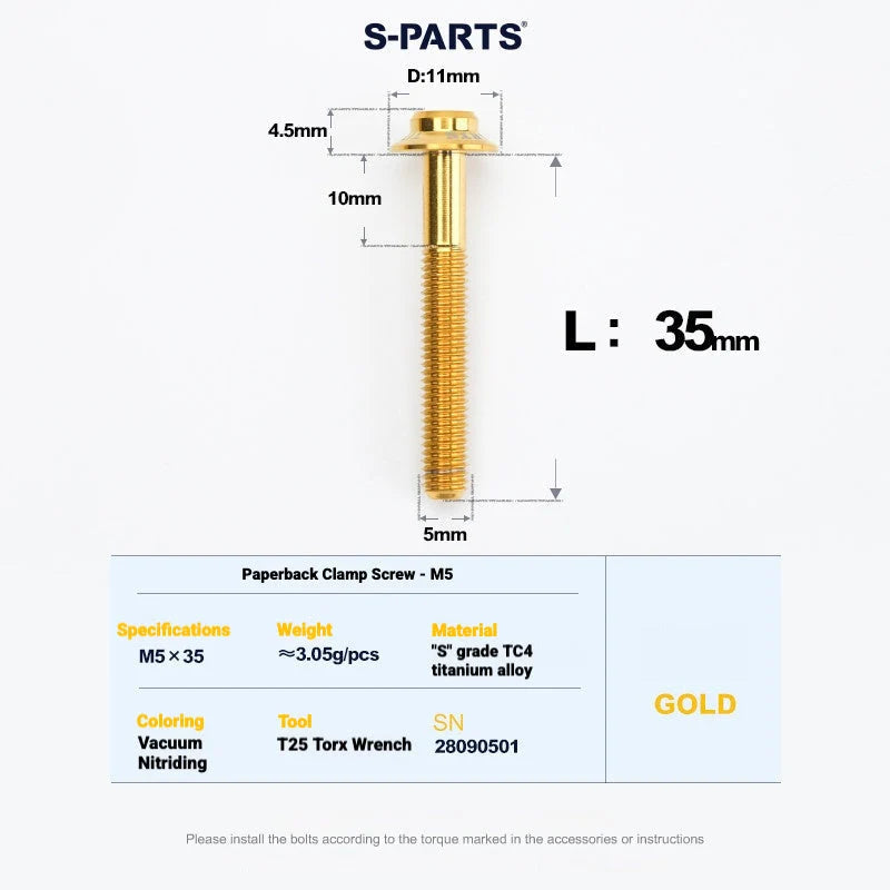 S-PARTS MAGENE QED Titanium Disc Brake Bolt Kit Rear Brake Caliper Mounting Bolt (1pc) Gold