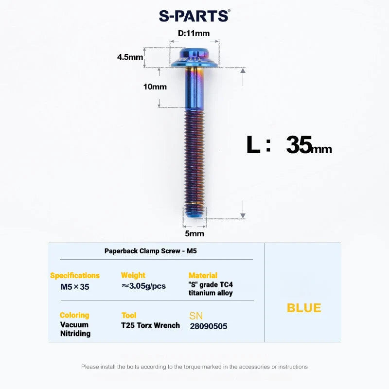 S-PARTS MAGENE QED Titanium Disc Brake Bolt Kit Rear Brake Caliper Mounting Bolt (1pc) Blue