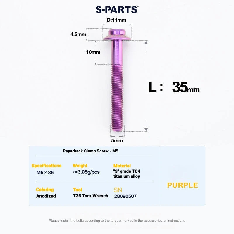 S-PARTS MAGENE QED Titanium Disc Brake Bolt Kit Rear Brake Caliper Mounting Bolt (1pc) Purple