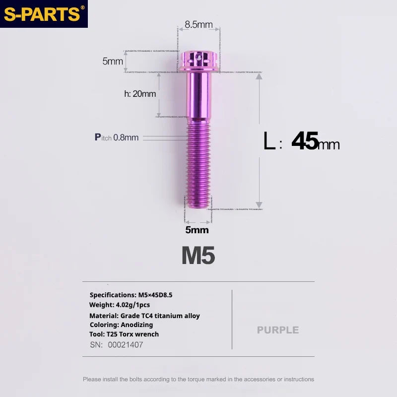 S-PARTS Purple A3 Series M5 L06-110mm Titanium Screws for Motorcycles and Cars
