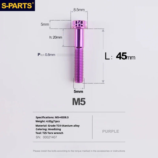 S-PARTS Purple A3 Series M5 L06-110mm Titanium Screws for Motorcycles and Cars