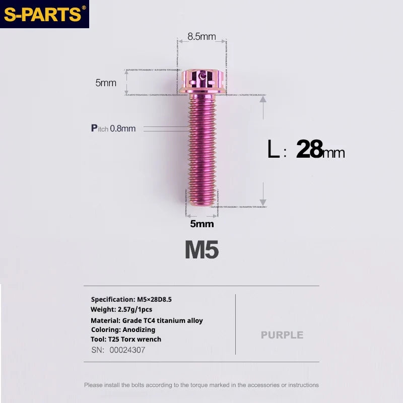 S-PARTS Purple A3 Series M5 L06-110mm Titanium Screws for Motorcycles and Cars