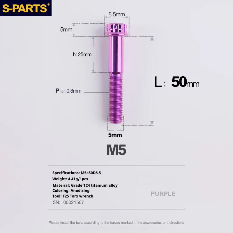 S-PARTS Purple A3 Series M5 L06-110mm Titanium Screws for Motorcycles and Cars