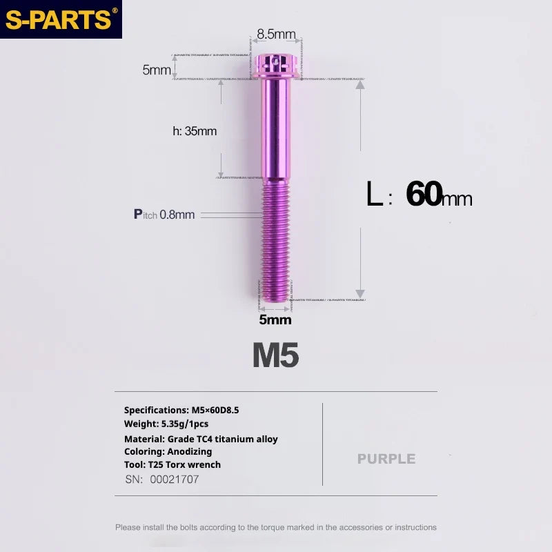 S-PARTS Purple A3 Series M5 L06-110mm Titanium Screws for Motorcycles and Cars