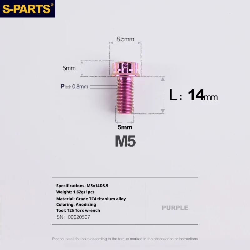 S-PARTS Purple A3 Series M5 L06-110mm Titanium Screws for Motorcycles and Cars