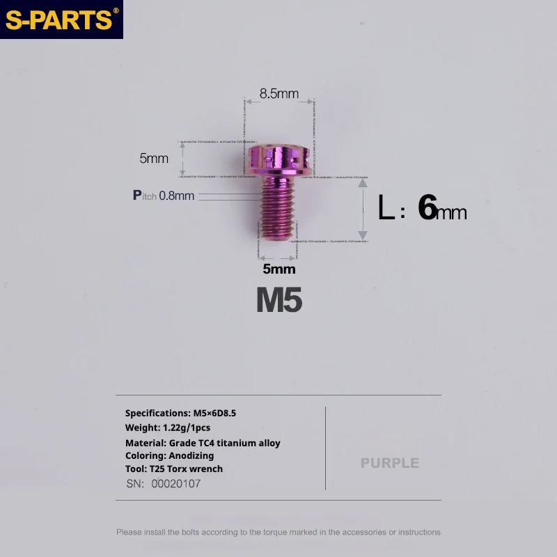 S-PARTS Purple A3 Series M5 L06-110mm Titanium Screws for Motorcycles and Cars