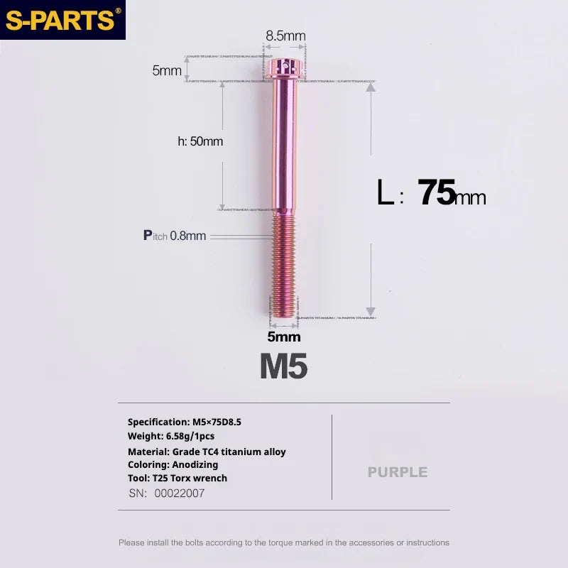 S-PARTS Purple A3 Series M5 L06-110mm Titanium Screws for Motorcycles and Cars