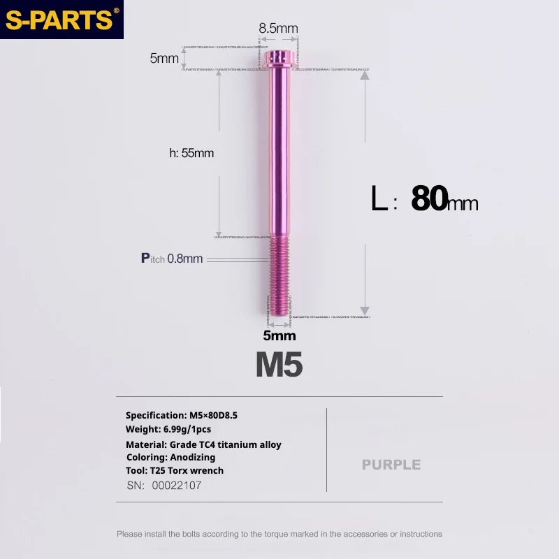S-PARTS Purple A3 Series M5 L06-110mm Titanium Screws for Motorcycles and Cars