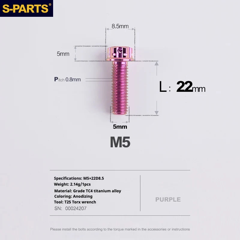 S-PARTS Purple A3 Series M5 L06-110mm Titanium Screws for Motorcycles and Cars