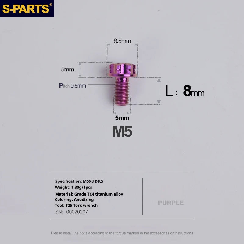 S-PARTS Purple A3 Series M5 L06-110mm Titanium Screws for Motorcycles and Cars