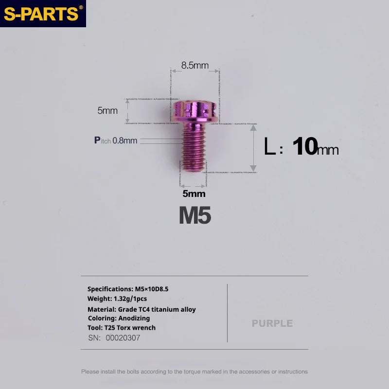 S-PARTS Purple A3 Series M5 L06-110mm Titanium Screws for Motorcycles and Cars