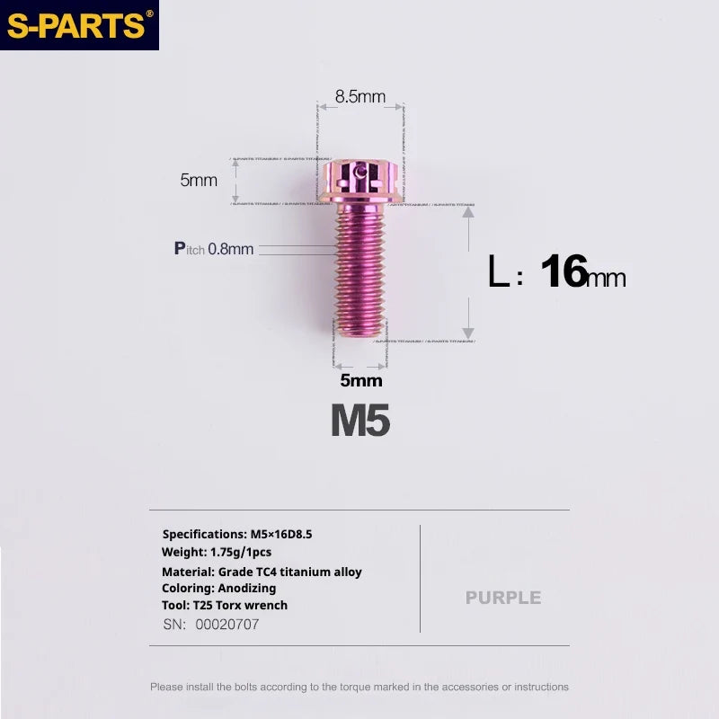 S-PARTS Purple A3 Series M5 L06-110mm Titanium Screws for Motorcycles and Cars