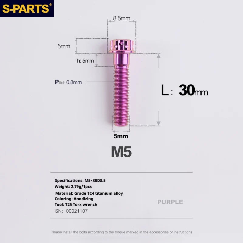S-PARTS Purple A3 Series M5 L06-110mm Titanium Screws for Motorcycles and Cars