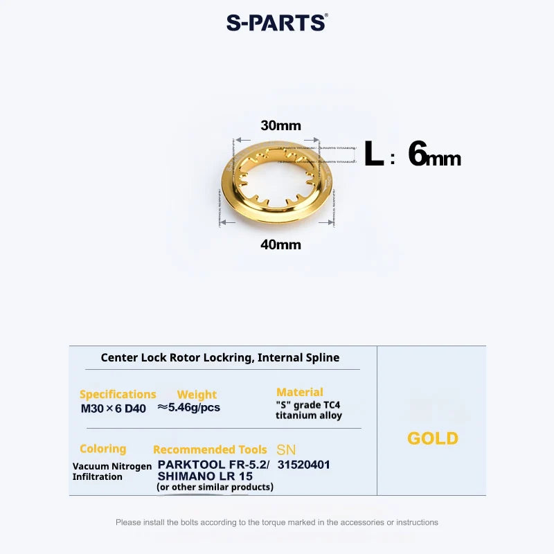 S-PARTS TC4 Titanium Center Lock Disc Rotor Lockring internal splines Gold