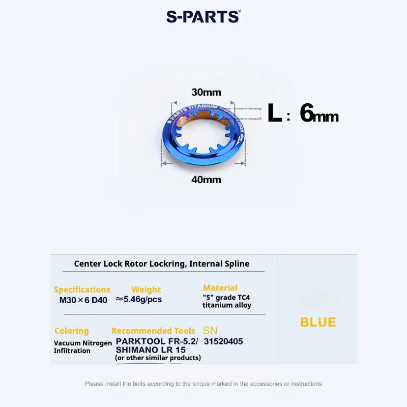 S-PARTS TC4 Titanium Center Lock Disc Rotor Lockring internal splines Blue