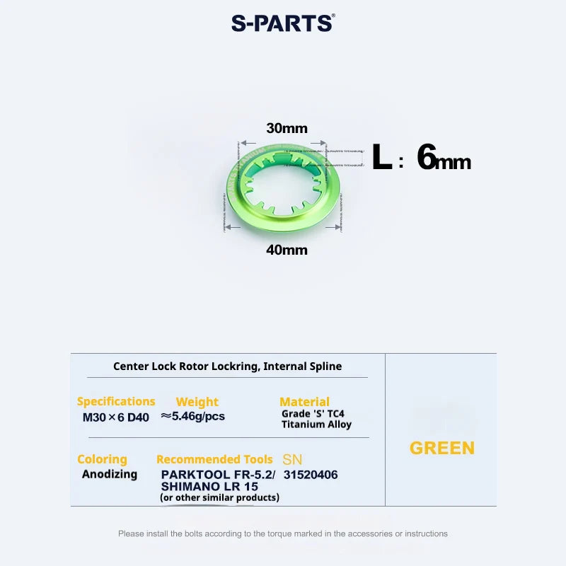 S-PARTS TC4 Titanium Center Lock Disc Rotor Lockring internal splines Green