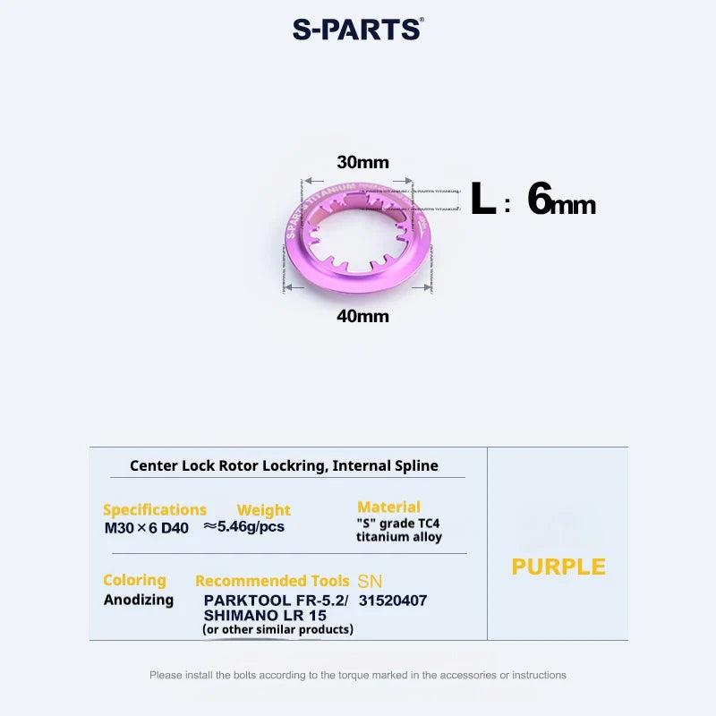 S-PARTS TC4 Titanium Center Lock Disc Rotor Lockring internal splines Purple