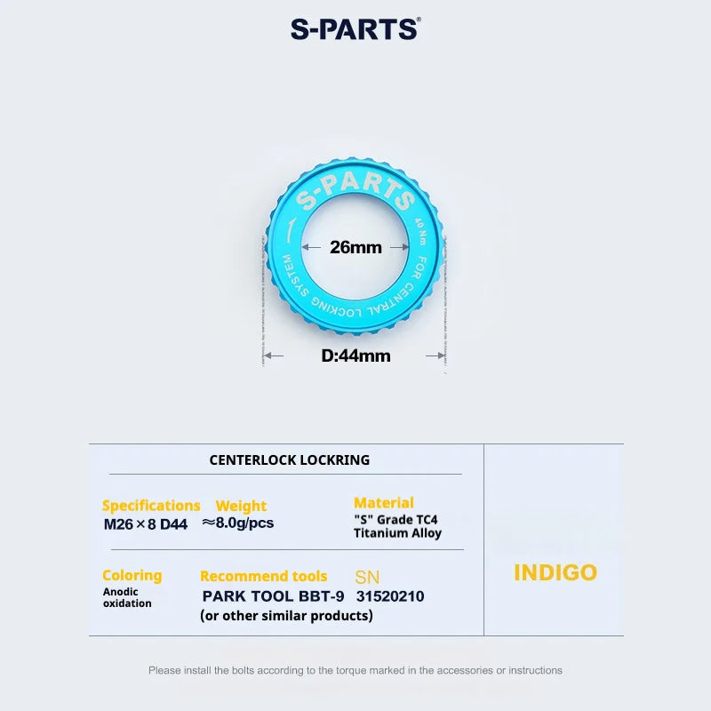 S-PARTS TC4 Titanium Center Lock Disc Rotor Lockring No internal splines INDIGO