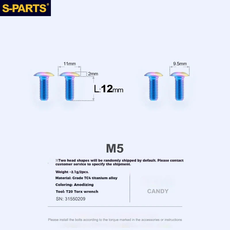 S-PARTS Titanium Alloy Water Bottle Cage Screws - , Hollow, Flat Head, Large Diameter for Road, Mountain, and Folding Bikes