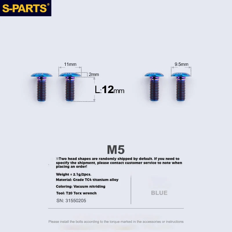 S-PARTS Titanium Alloy Water Bottle Cage Screws - , Hollow, Flat Head, Large Diameter for Road, Mountain, and Folding Bikes
