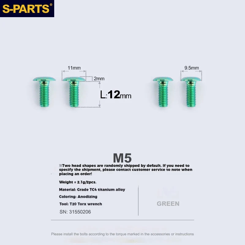 S-PARTS Titanium Alloy Water Bottle Cage Screws - , Hollow, Flat Head, Large Diameter for Road, Mountain, and Folding Bikes