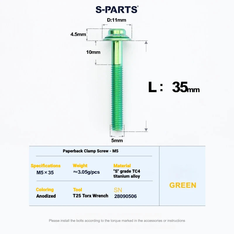 S-PARTS Titanium Bolt Kit for Shimano Ultegra Di2 R8170 Disc Brake & Shifter — Rear Caliper Fixing Bolt M5 x 35 x1pcs / Green