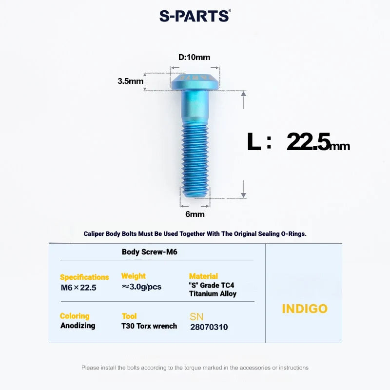 S-PARTS Titanium Bolt Kit for Shimano Ultegra Di2 R8170 Disc Brake & Shifter — M6 L22.5 Caliper Body Bolt x1pcs / Indigo