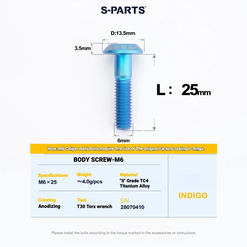 S-PARTS Titanium Bolt Kit for Shimano Ultegra Di2 R8170 Disc Brake & Shifter — M6 L25 Caliper Body Bolt x1pcs / Indigo