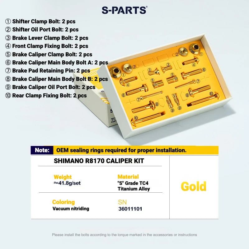S-PARTS Titanium Bolt Kit for Shimano Ultegra Di2 — Shimano Ultegra Di2 R8170 Disc Brake Titanium Bolt Kit 20 pcs / Gold