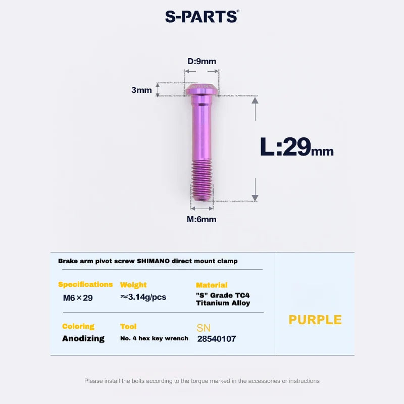 S-PARTS Titanium Brake Arm Pivot Screw Shimano Direct-Mount C-Brake Calipers L29 Purple