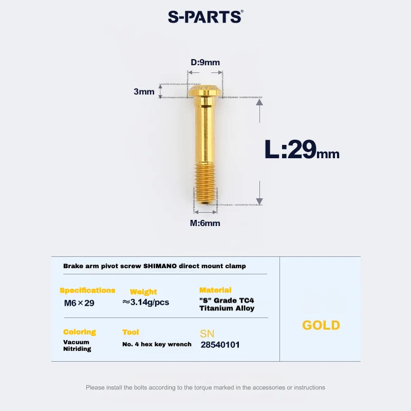 S-PARTS Titanium Brake Arm Pivot Screw Shimano Direct-Mount C-Brake Calipers L29 Gold