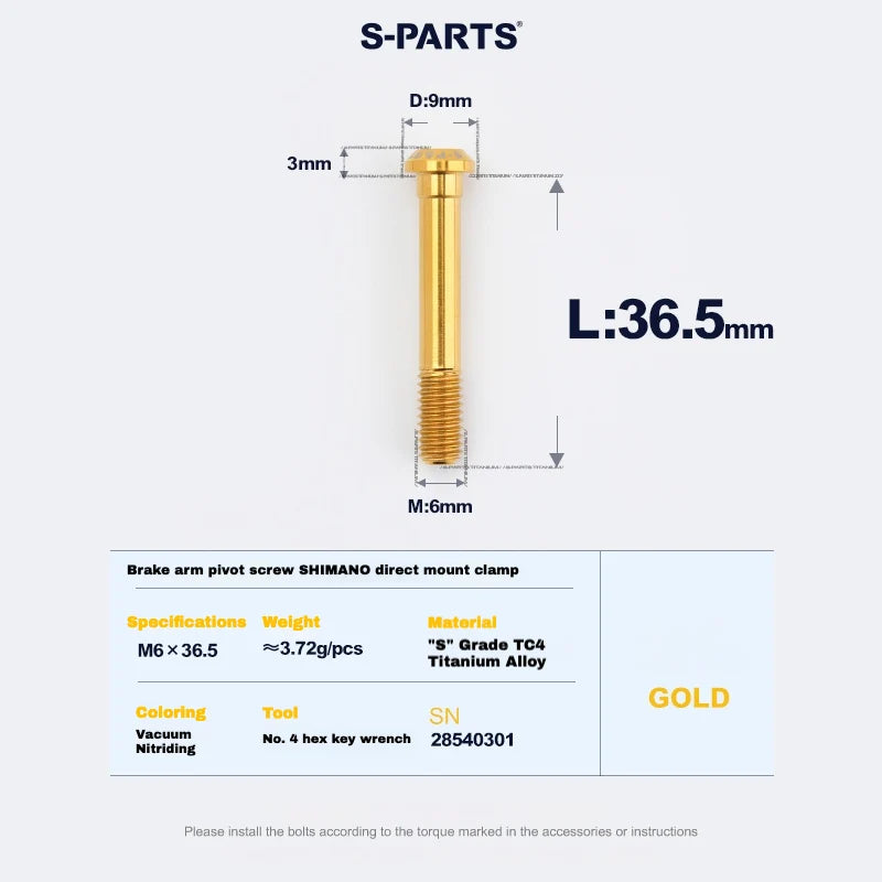 S-PARTS Titanium Brake Arm Pivot Screw Shimano Direct-Mount C-Brake Calipers L36.5 Gold