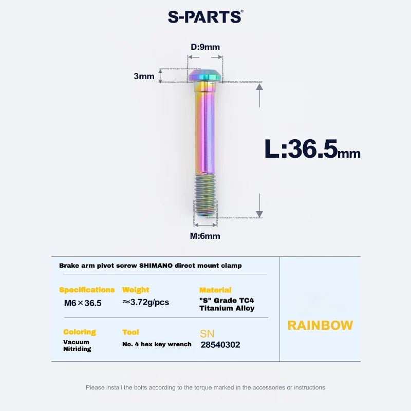 S-PARTS Titanium Brake Arm Pivot Screw Shimano Direct-Mount C-Brake Calipers L36.5 Rainbow
