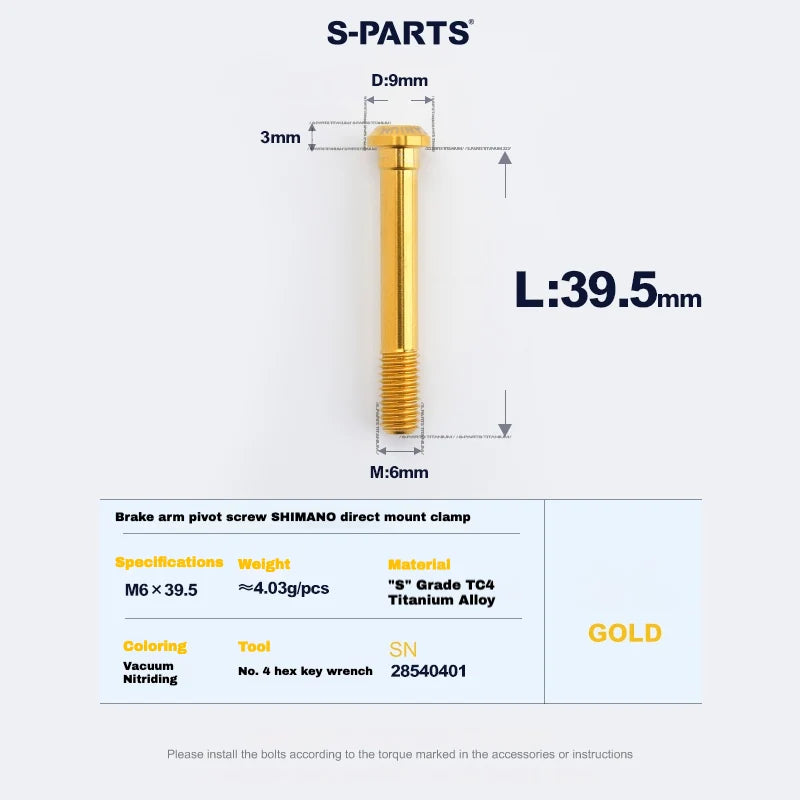 S-PARTS Titanium Brake Arm Pivot Screw Shimano Direct-Mount C-Brake Calipers L39.5 Gold