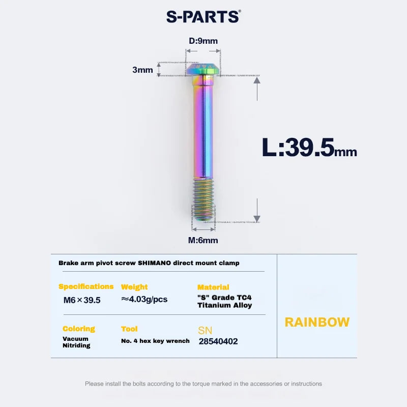 S-PARTS Titanium Brake Arm Pivot Screw Shimano Direct-Mount C-Brake Calipers L39.5 Rainbow