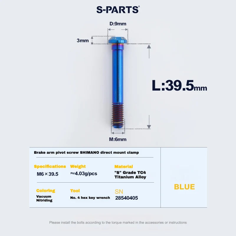 S-PARTS Titanium Brake Arm Pivot Screw Shimano Direct-Mount C-Brake Calipers L39.5 Blue