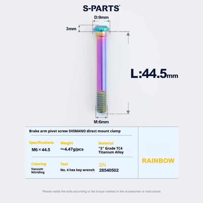 S-PARTS Titanium Brake Arm Pivot Screw Shimano Direct-Mount C-Brake Calipers L44.5 Rainbow