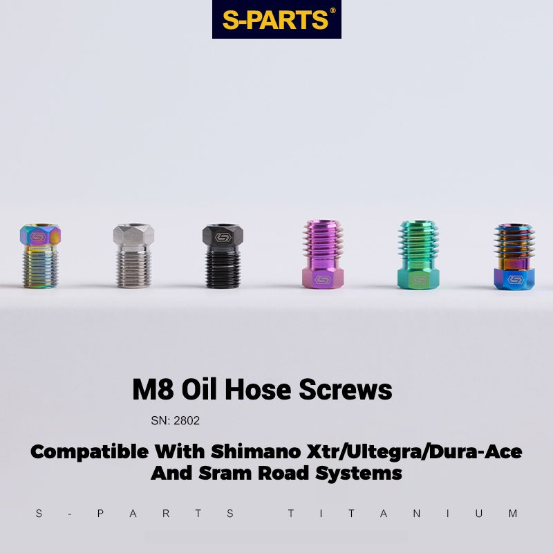 S-PARTS Titanium Hydraulic Hose Bolts for MTB & Road Bikes — Shimano XTR / Ultegra / Dura-Ace & SRAM Road — M8 Oil Hose Screws