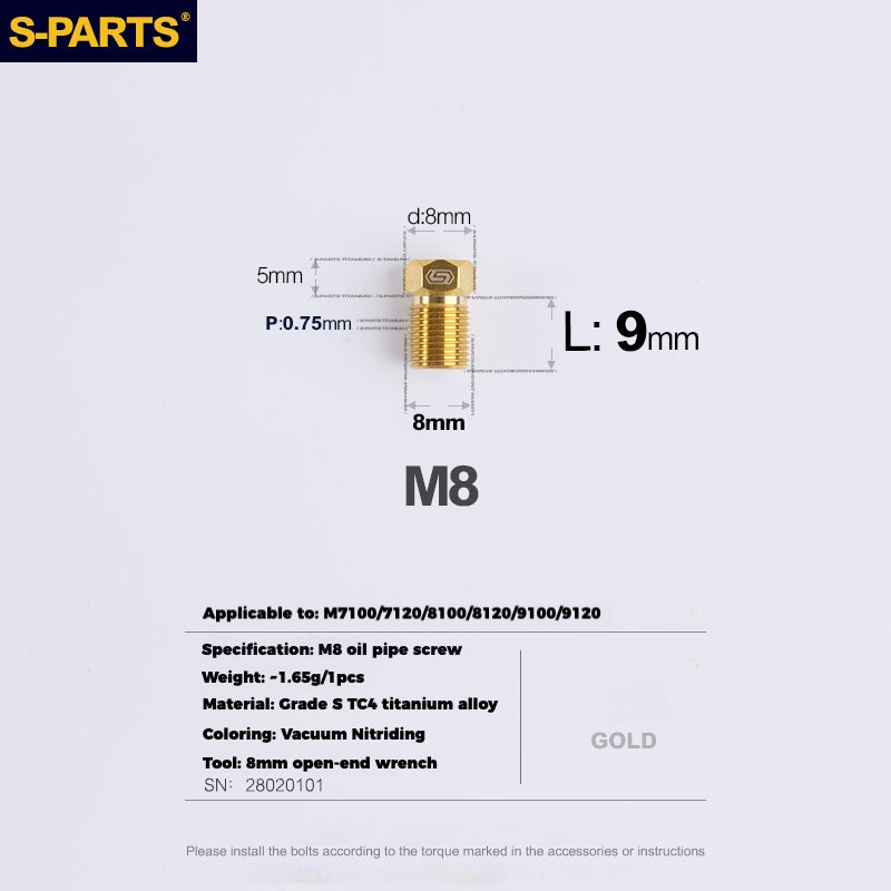 S-PARTS Titanium Hydraulic Hose Bolts for MTB & Road Bikes — Shimano XTR / Ultegra / Dura-Ace & SRAM Road — M8 Oil Hose Screws
