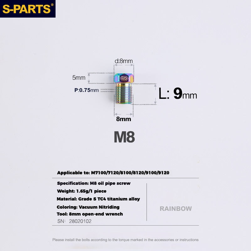S-PARTS Titanium Hydraulic Hose Bolts for MTB & Road Bikes — Shimano XTR / Ultegra / Dura-Ace & SRAM Road — M8 Oil Hose Screws