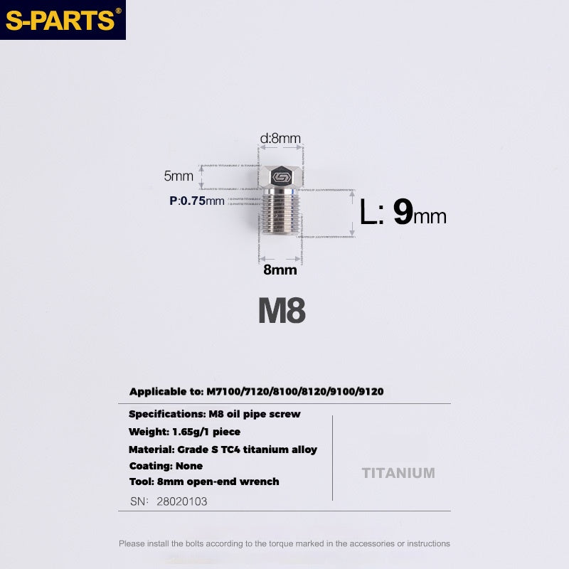S-PARTS Titanium Hydraulic Hose Bolts for MTB & Road Bikes — Shimano XTR / Ultegra / Dura-Ace & SRAM Road — M8 Oil Hose Screws