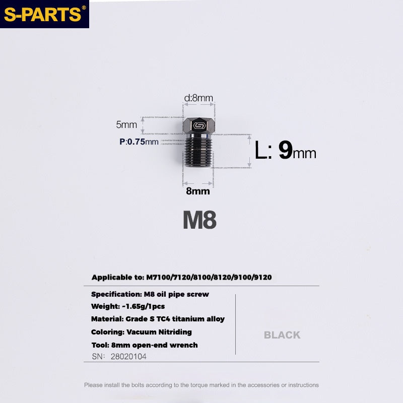 S-PARTS Titanium Hydraulic Hose Bolts for MTB & Road Bikes — Shimano XTR / Ultegra / Dura-Ace & SRAM Road — M8 Oil Hose Screws