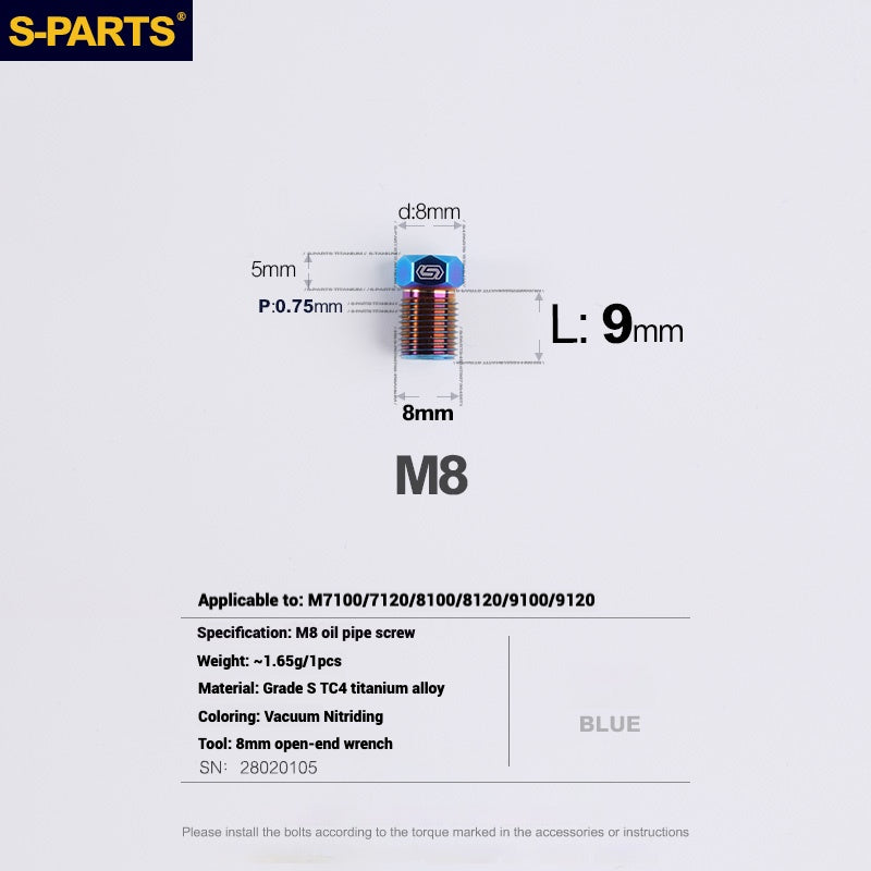 S-PARTS Titanium Hydraulic Hose Bolts for MTB & Road Bikes — Shimano XTR / Ultegra / Dura-Ace & SRAM Road — M8 Oil Hose Screws