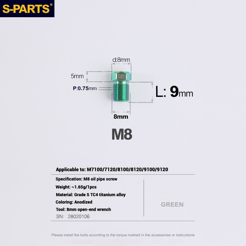 S-PARTS Titanium Hydraulic Hose Bolts for MTB & Road Bikes — Shimano XTR / Ultegra / Dura-Ace & SRAM Road — M8 Oil Hose Screws