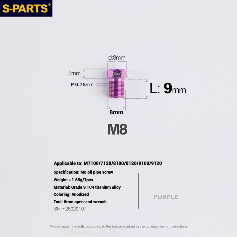 S-PARTS Titanium Hydraulic Hose Bolts for MTB & Road Bikes — Shimano XTR / Ultegra / Dura-Ace & SRAM Road — M8 Oil Hose Screws