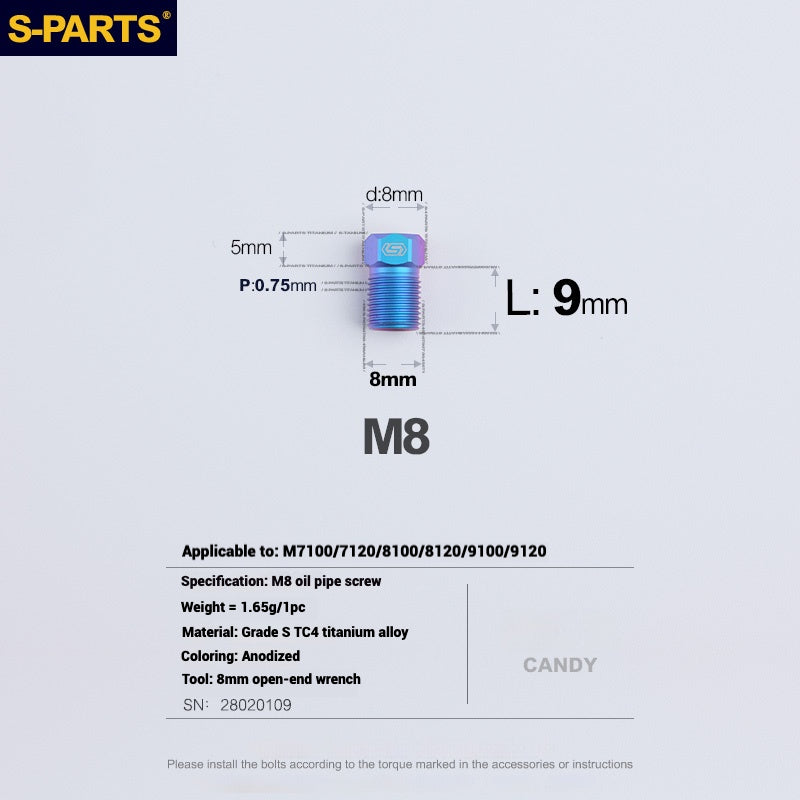 S-PARTS Titanium Hydraulic Hose Bolts for MTB & Road Bikes — Shimano XTR / Ultegra / Dura-Ace & SRAM Road — M8 Oil Hose Screws
