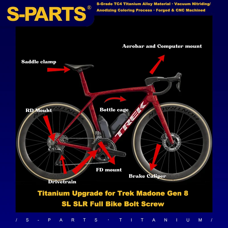 S-PARTS Titanium Upgrade Kit for Trek Madone SL / SLR Gen 8 | RCS Pro / RCS Race Headset | Shimano Dura-Ace / SRAM RED AXS / R9270 R9250 Di2 / Force Project BLACK LTD / SD Worx