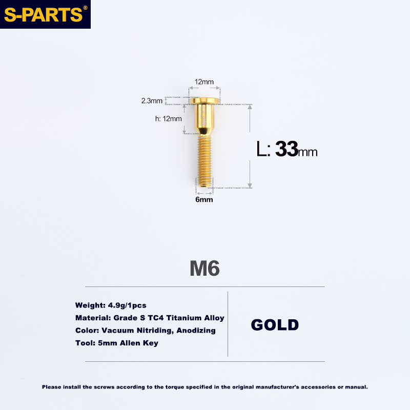 S-PARTS Trek M6 Titanium Seatpost Clamp Tightening Bolt — L33 / L35 M6 L33 D12 Gold