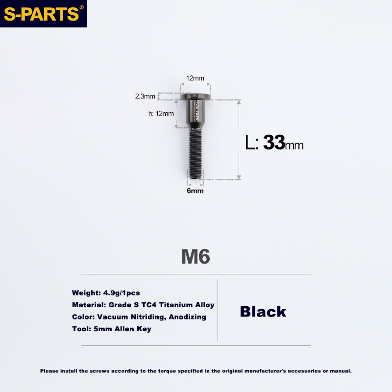 S-PARTS Trek M6 Titanium Seatpost Clamp Tightening Bolt — L33 / L35 M6 L33 D12 Black